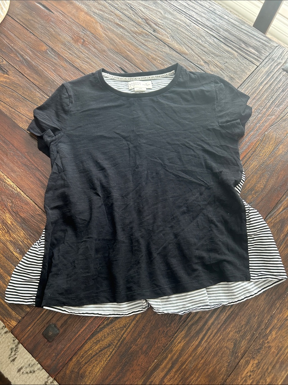 Women’s Black Short Sleeve Layered Top with Striped Hem